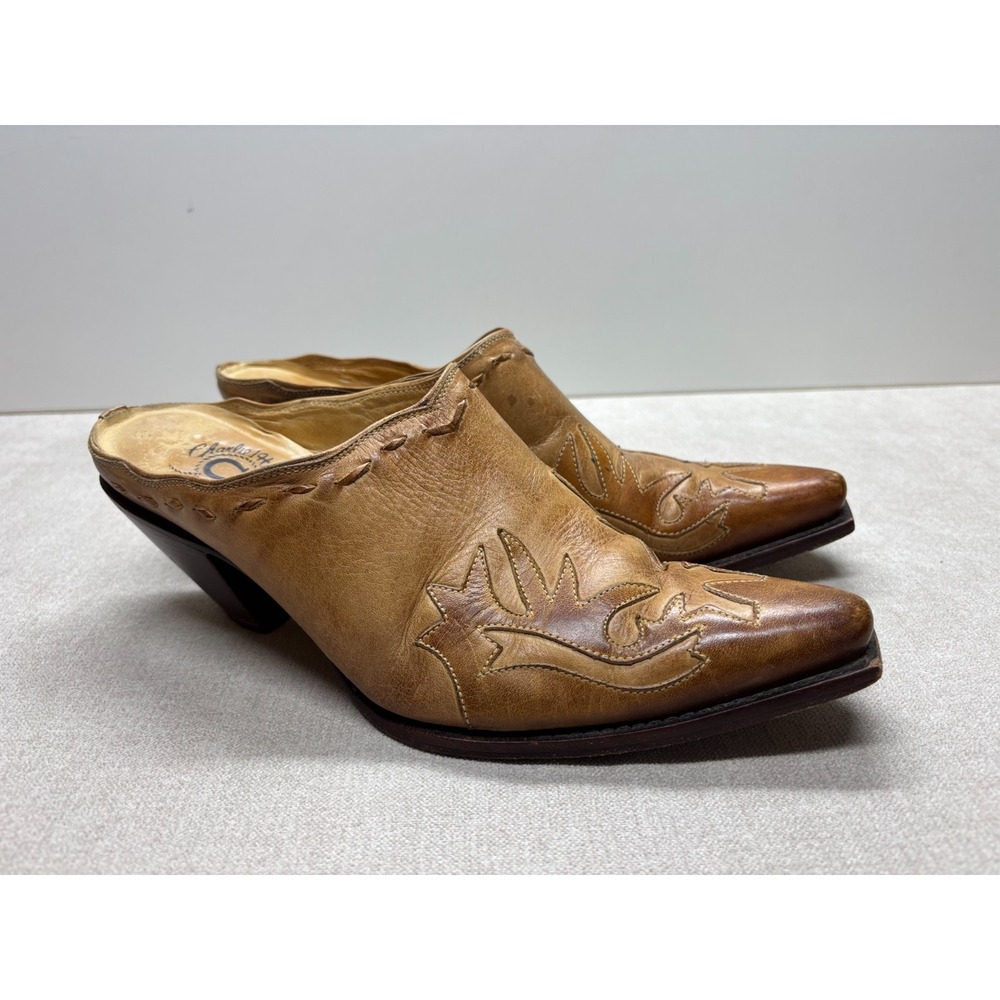 Lucchese Charlie 1 Horse Mules Womens Y2K Vintage Leather Heel 8B Brown Snip Toe